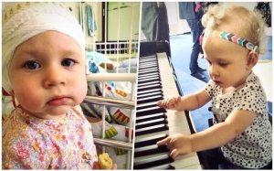 Na dwóch zdjęciach mała dziewczynka Marysia Maciąg , na pierwszym z owiniętą bandażem główką, na drugim dziewczynka siedzi przy pianinie